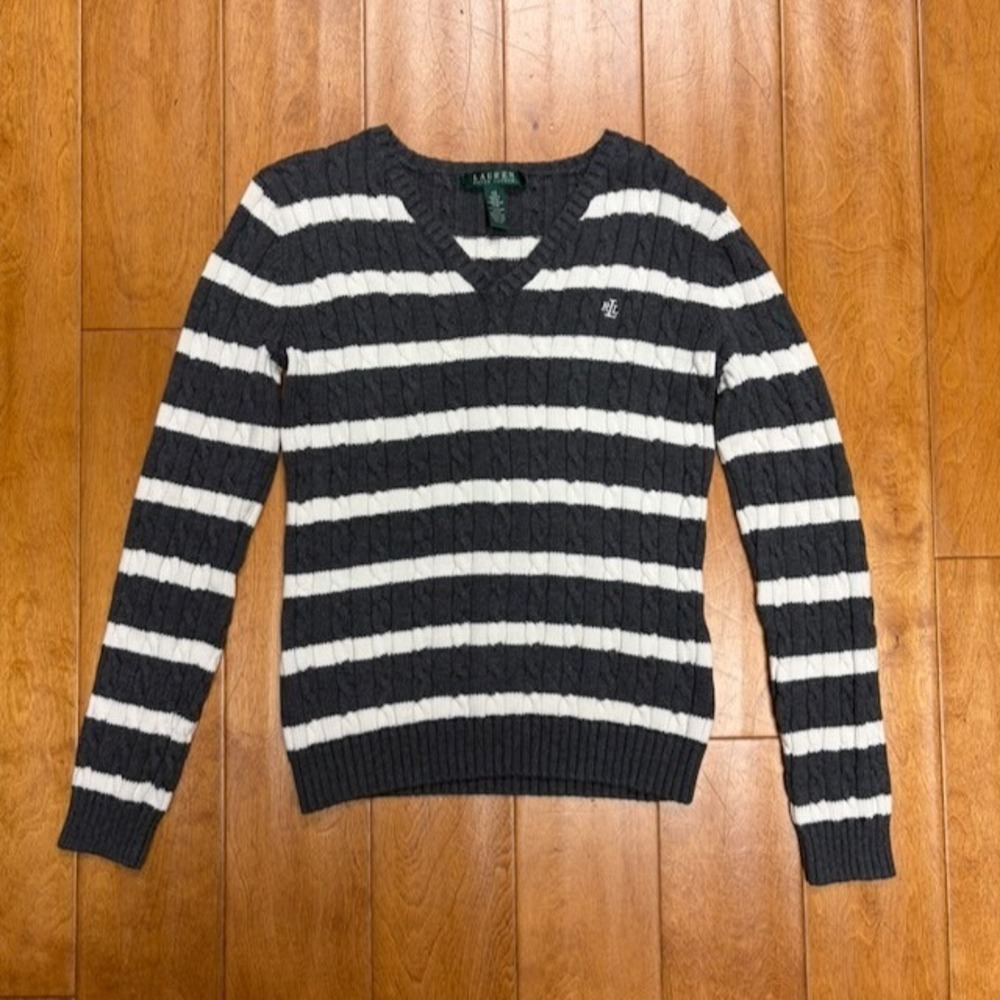 Lauren Ralph Lauren Cable Knit Sweater Women XS Striped Old Money Preppy Coastal